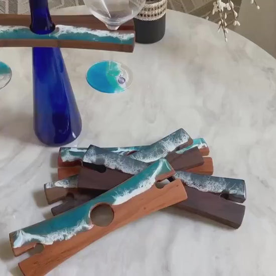 Resin Ocean Wave Wood Wine Caddy for Wine and Ocean Lovers, Handmade Coastal Decor, Housewarming Gift, New Home Gift, Hostess Gift