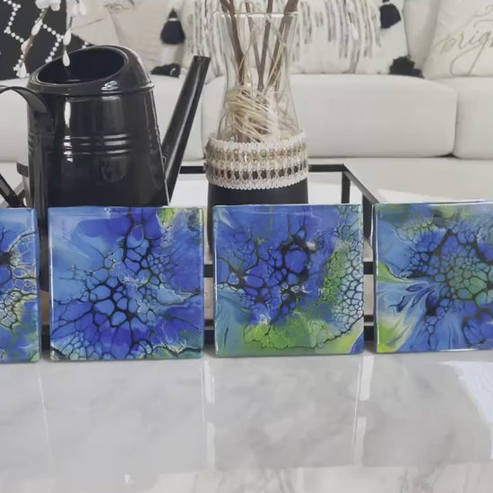 Glossy Ceramic Drink Coasters, Set of 4 Blue and Green Fluid Art, Heat Resistant