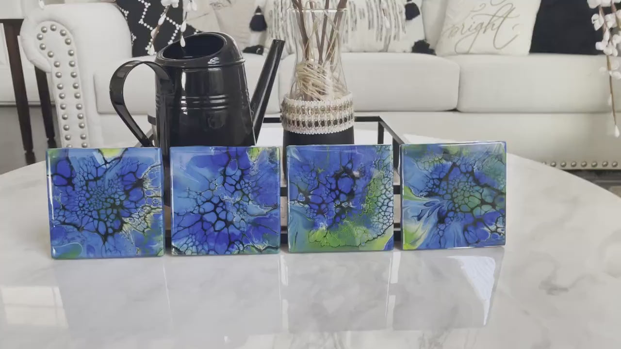 Glossy Ceramic Drink Coasters, Set of 4 Blue and Green Fluid Art, Heat Resistant