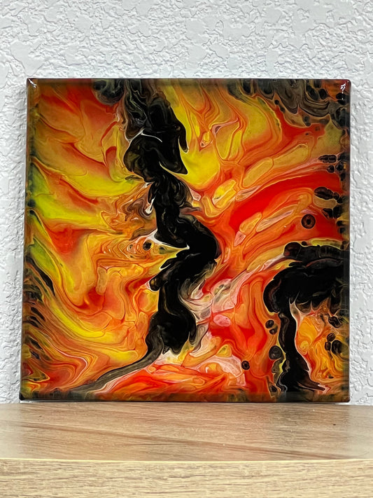 Modern Abstract Painting in Bright Orange Red Yellow and Black, 8x8 inch Fluid Art Paint Pour