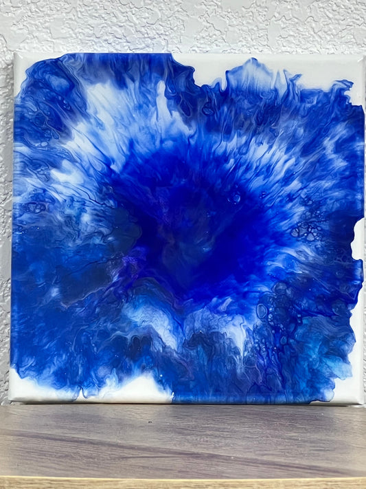 Abstract Floral Painting in Blue, Acrylic Fluid Art Dutch Pour Wall Art