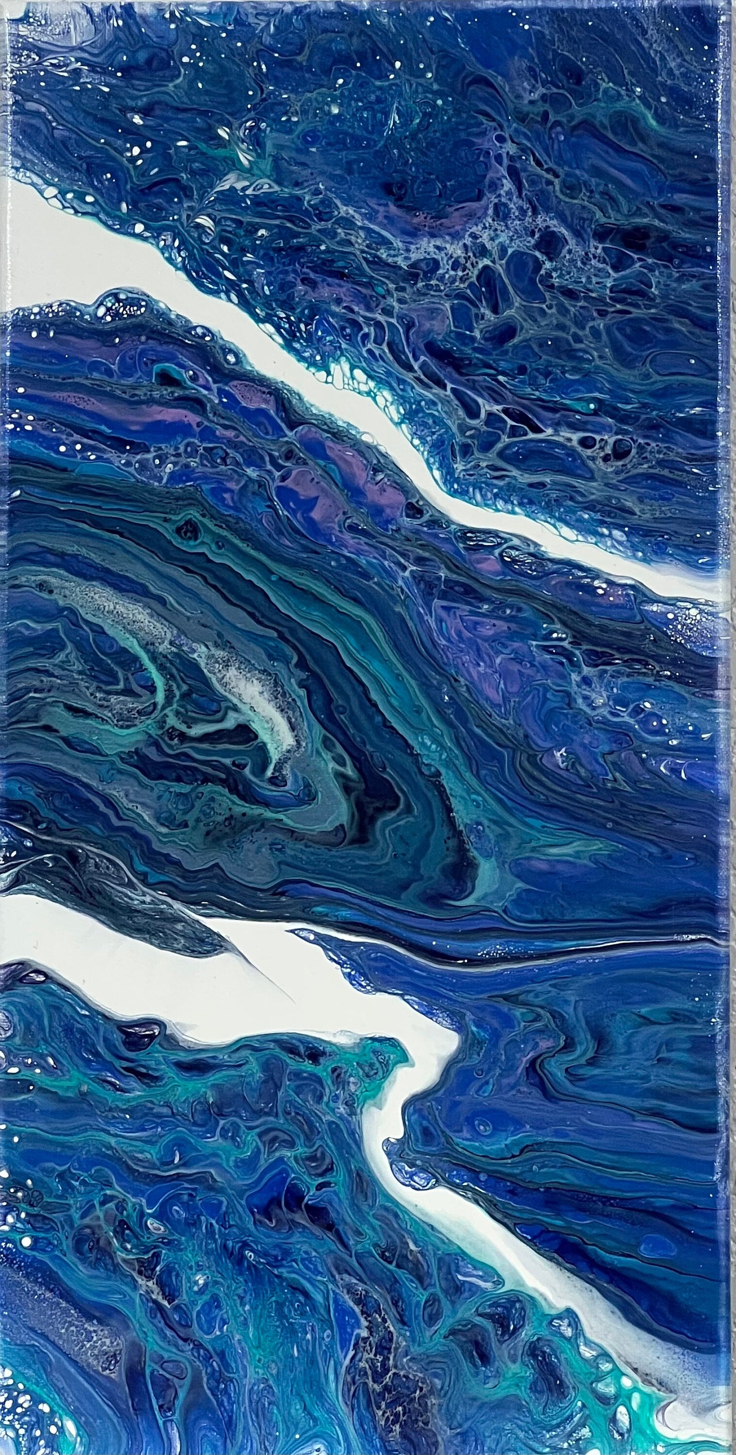 Original Fluid Art Painting in Vibrant Blues, 10x20 inch Acrylic Pour Wall Art