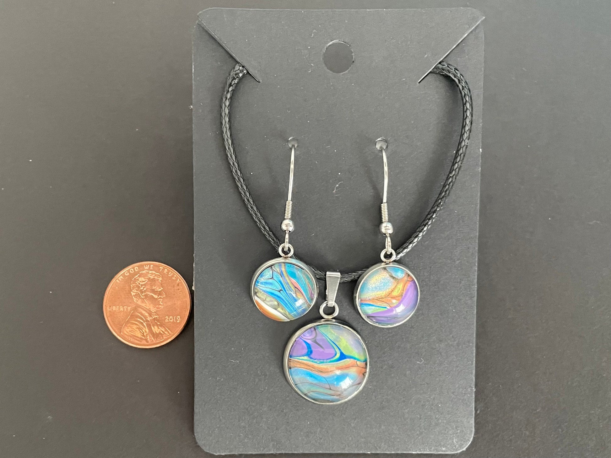 Handmade pendant necklace and dangle earrings, jewelry set in multi-colored acrylic art pour