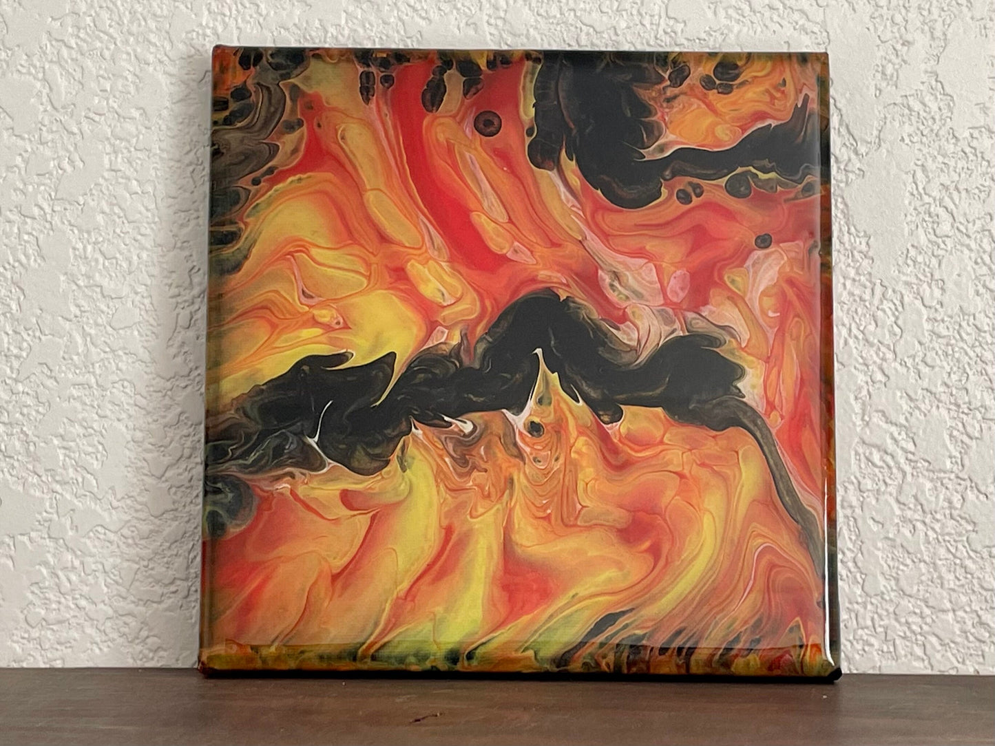 Modern Abstract Painting in Bright Orange Red Yellow and Black, 8x8 inch Fluid Art Paint Pour