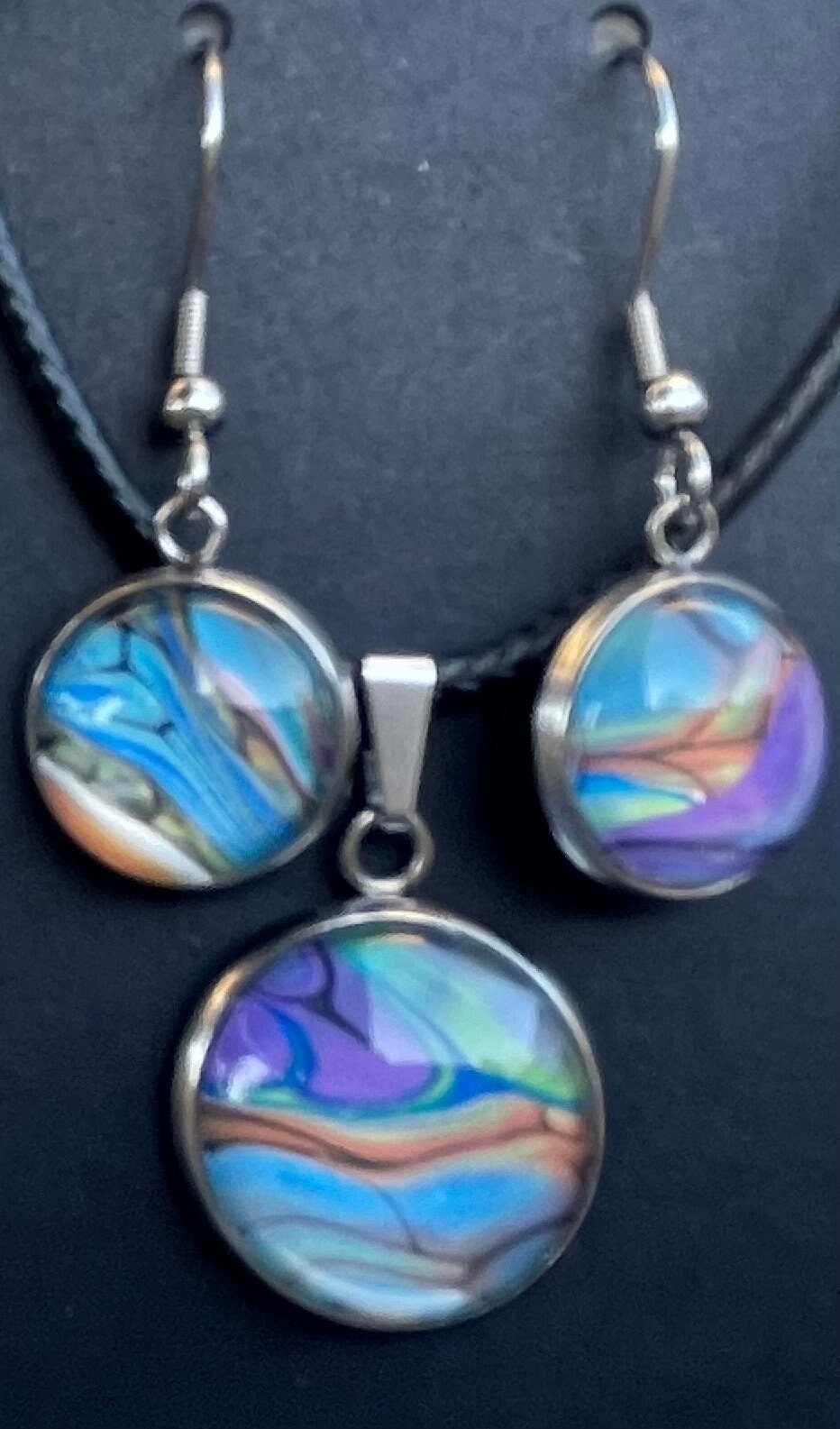 Handmade pendant necklace and dangle earrings, jewelry set in multi-colored acrylic art pour