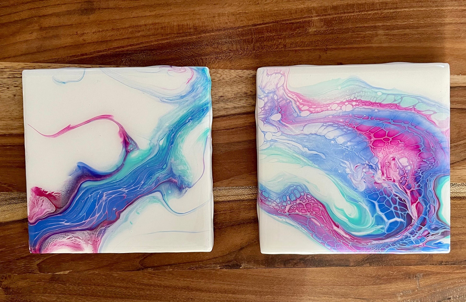 Square Ceramic Coaster Set of 2 With Glossy Heat Resistant Epoxy, Abstract Acrylic Paint Pour Style