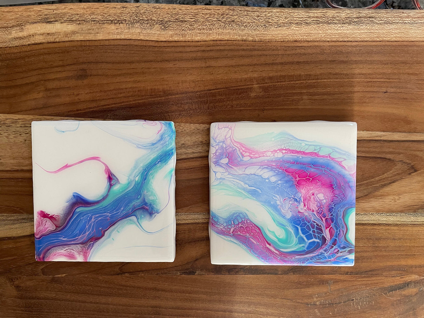 Square Ceramic Coaster Set of 2 With Glossy Heat Resistant Epoxy, Abstract Acrylic Paint Pour Style