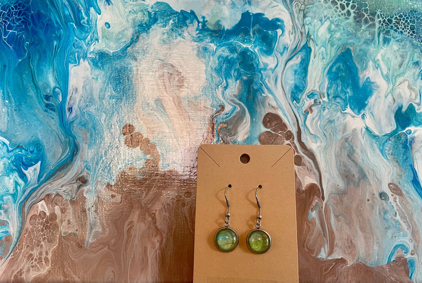 Green and Gold Dangle Earrings Hand Painted in Abstract Acrylic Pour Style