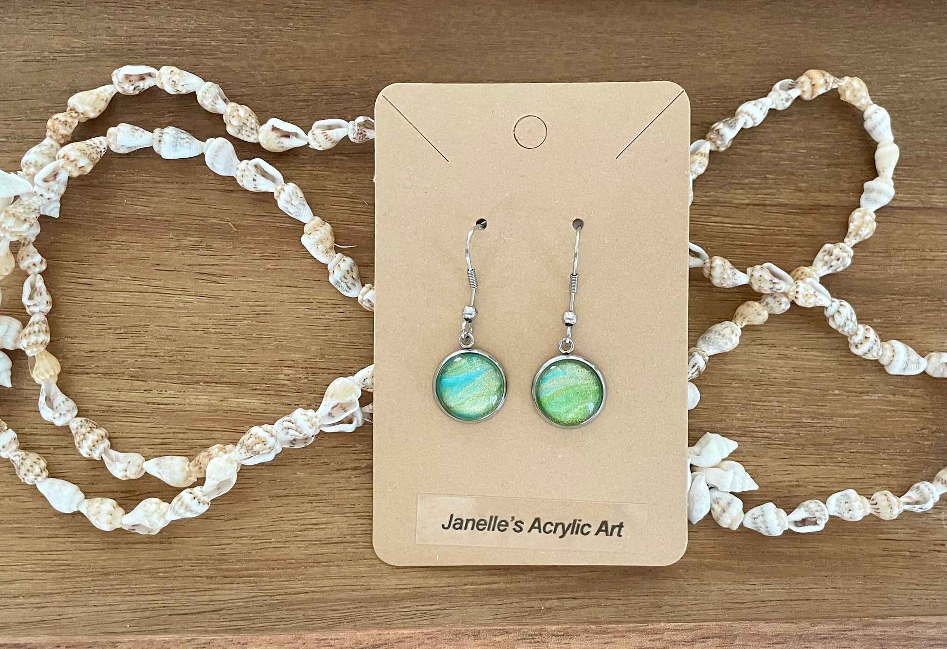 Green and Gold Dangle Earrings Hand Painted in Abstract Acrylic Pour Style