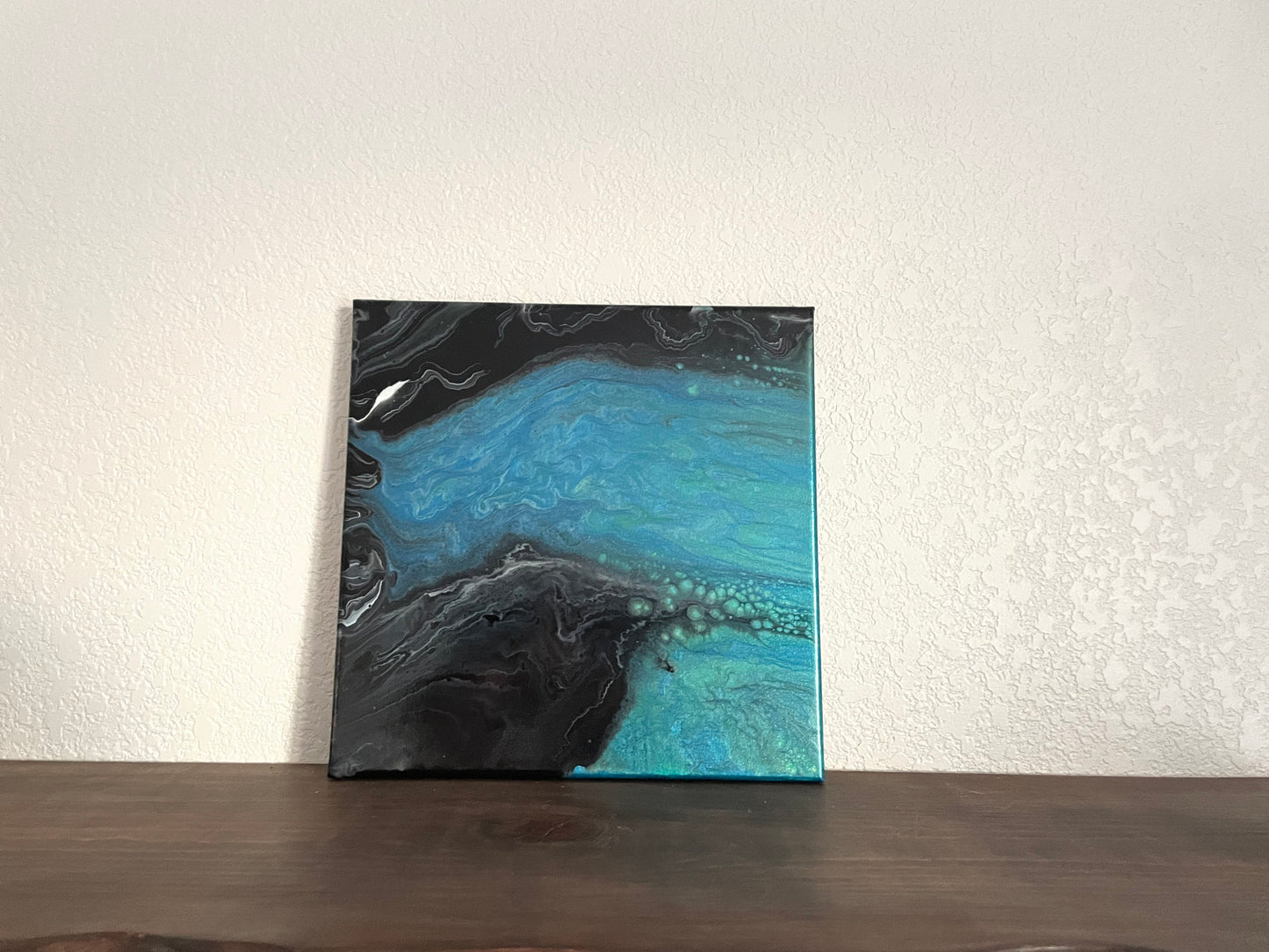 Coastal Fluid Paint Pour with Black Sand Beach in Abstract Acrylic Fluid Art Style on 12x12 inch Stretched Canvas, One of a Kind