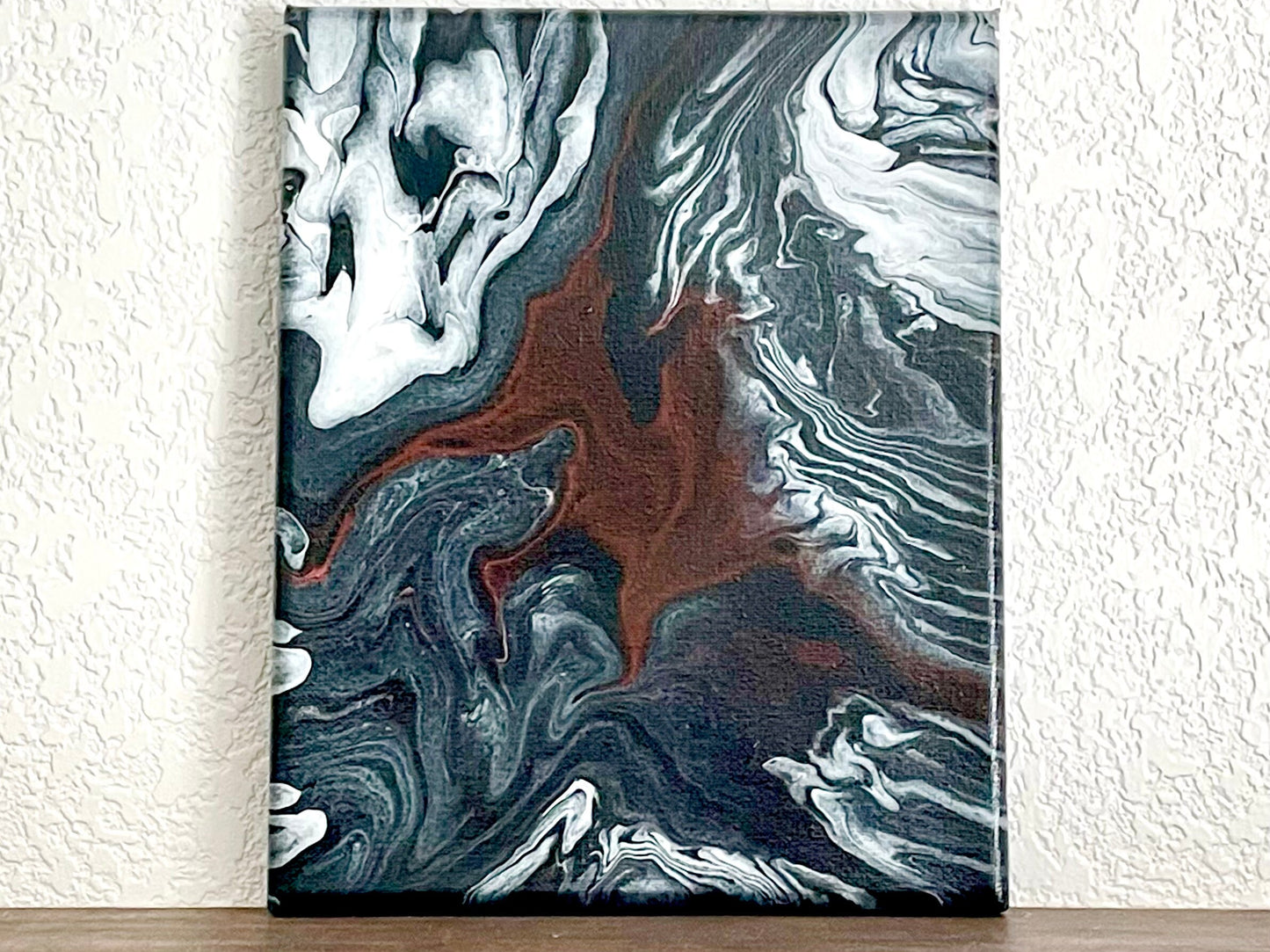 Fluid Art Painting, Original Acrylic Art Pour in Red and White on a Black Background on 8x10 inch Canvas