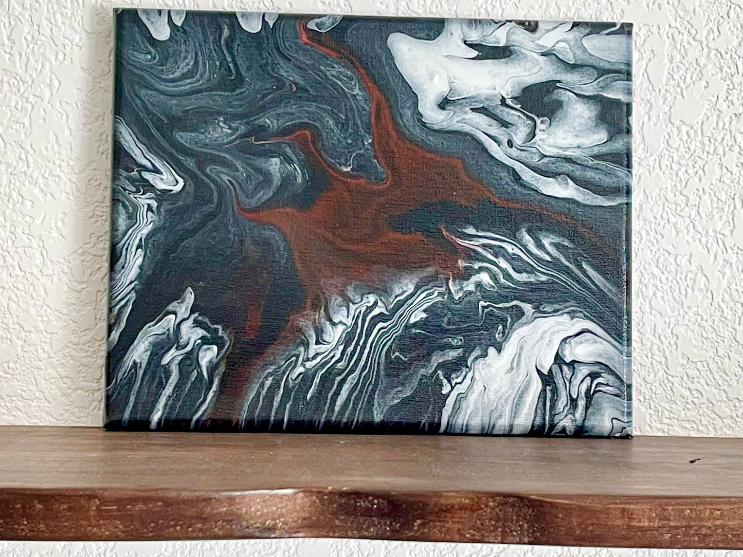 Fluid Art Painting, Original Acrylic Art Pour in Red and White on a Black Background on 8x10 inch Canvas