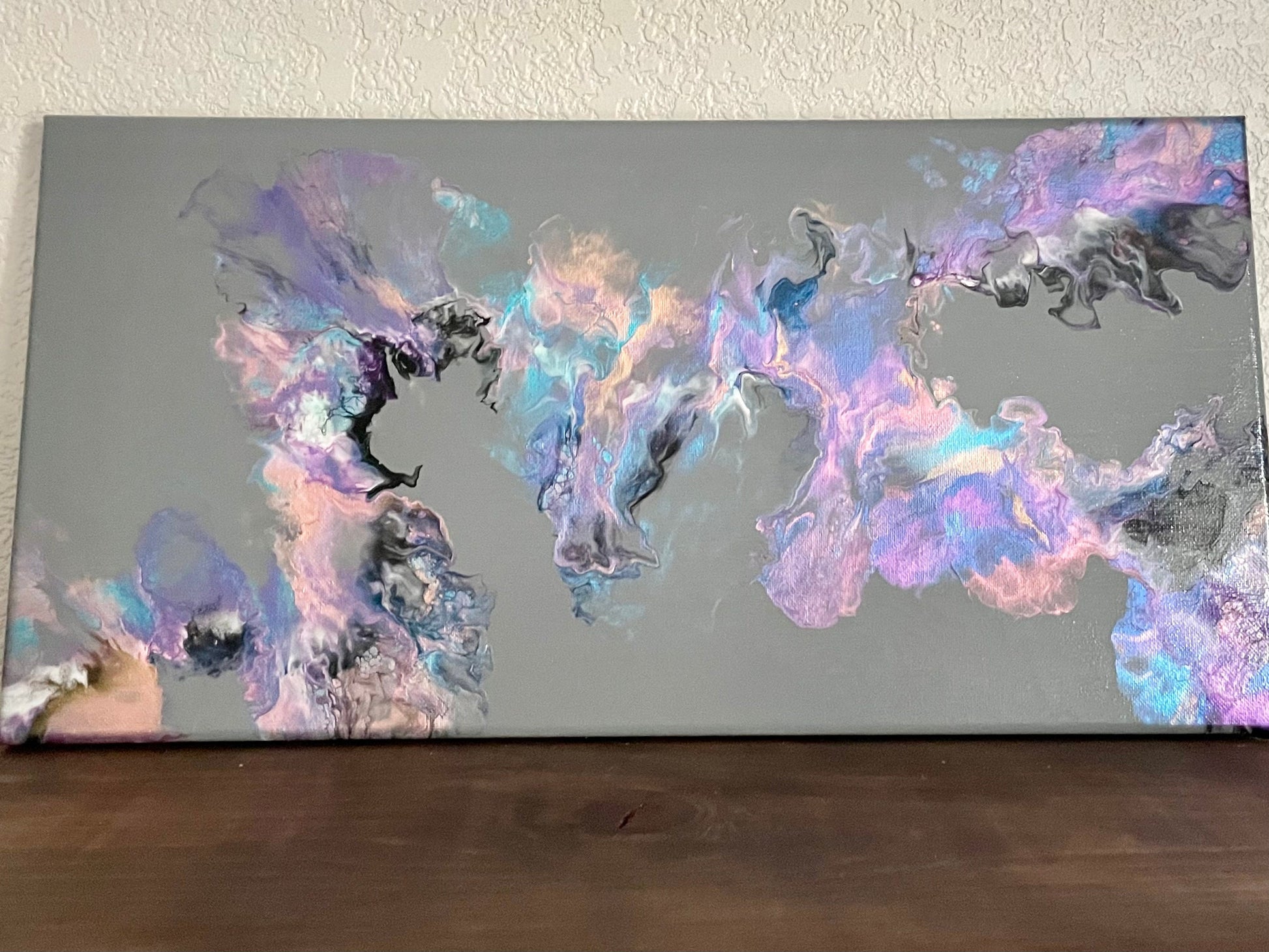 Dutch Pour Painting on Gray Background with Iridescent Colors, Acrylic Paint Pour on a 10x20 inch Canvas