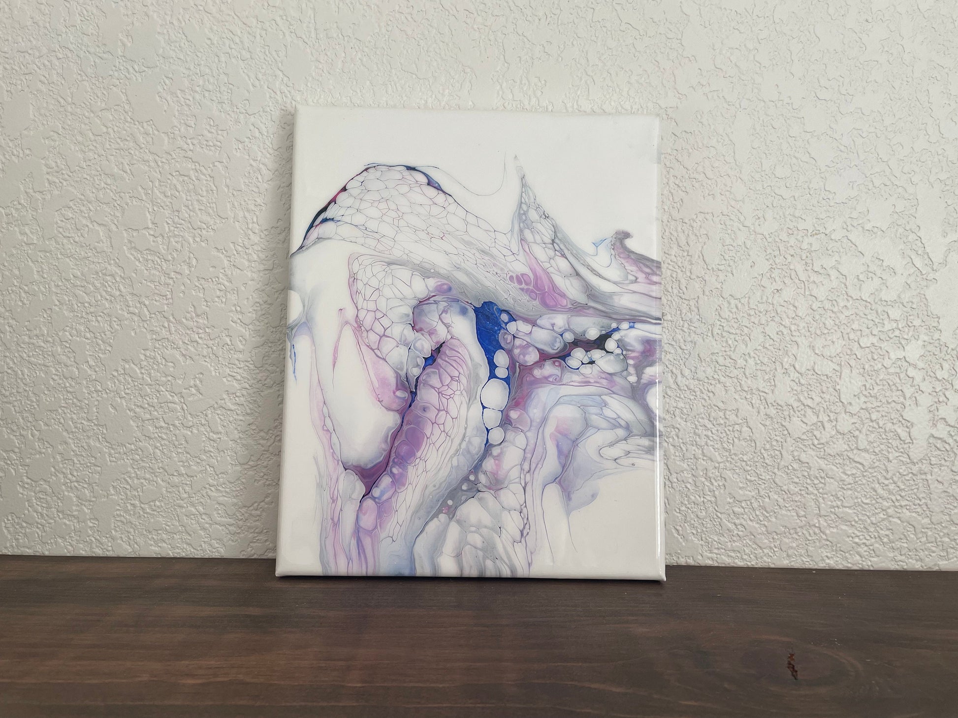 Acrylic Abstract Painting in Beautiful Blue, Pink, and Purple with White Background on 8x10 inch Canvas