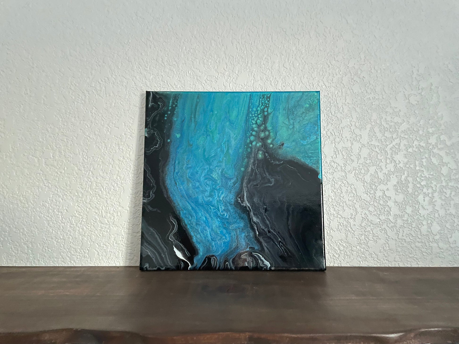 Coastal Fluid Paint Pour with Black Sand Beach in Abstract Acrylic Fluid Art Style on 12x12 inch Stretched Canvas, One of a Kind