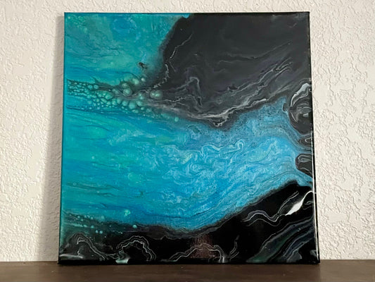 Coastal Abstract Painting in Fluid Art Style, Black Sand Beach with Brilliant Blue Cove.