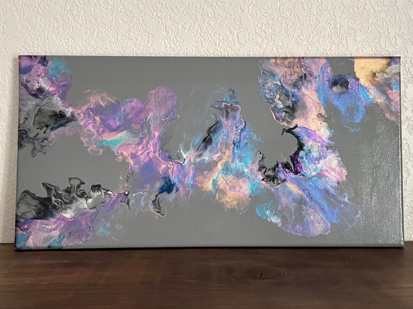Dutch Pour Painting on Gray Background with Iridescent Colors, Acrylic Paint Pour on a 10x20 inch Canvas