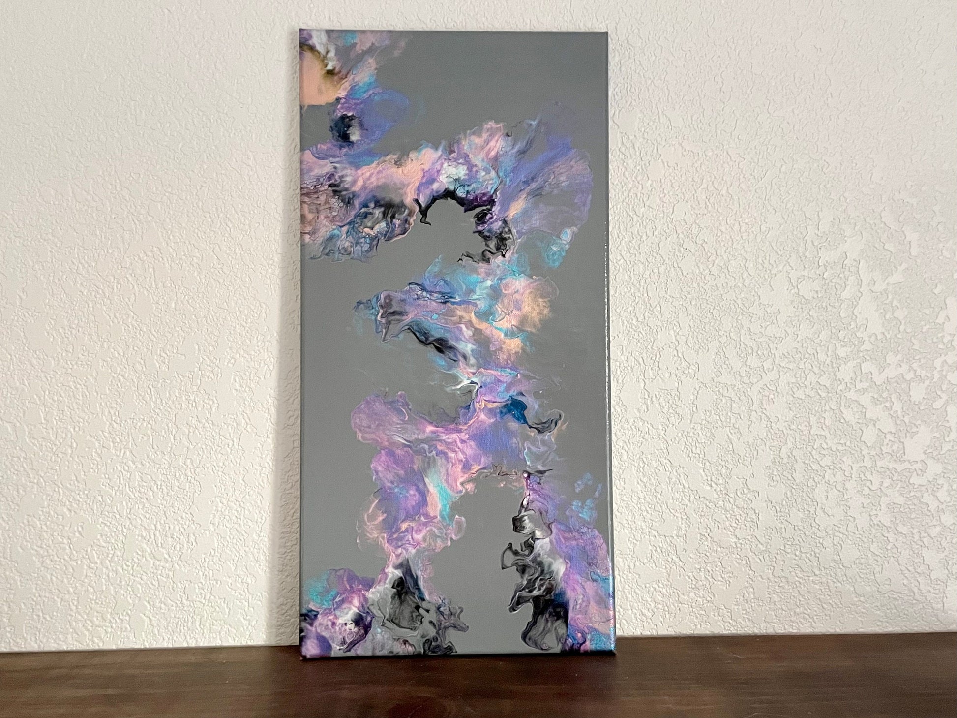 Dutch Pour Painting on Gray Background with Iridescent Colors, Acrylic Paint Pour on a 10x20 inch Canvas