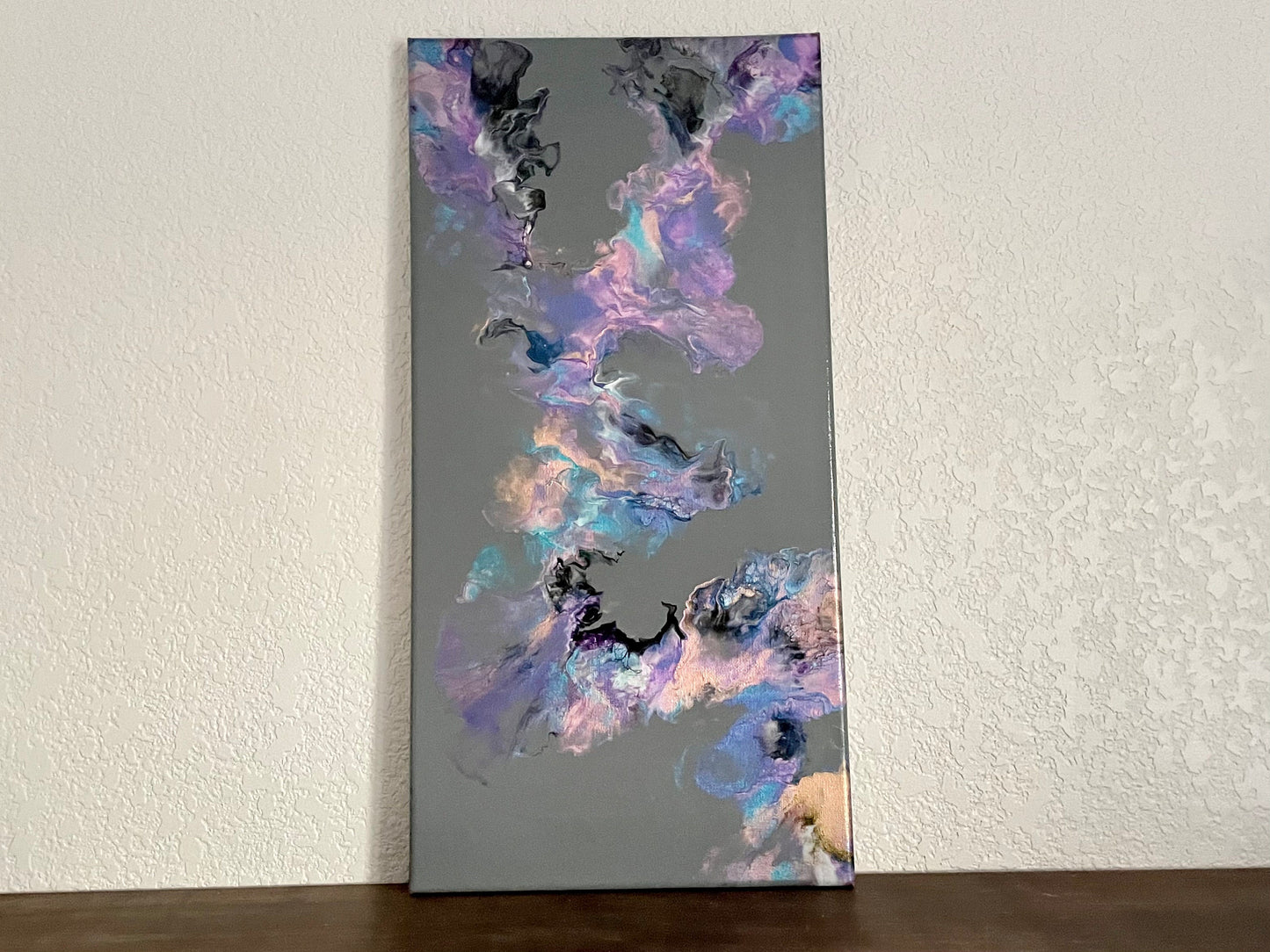Dutch Pour Painting on Gray Background with Iridescent Colors, Acrylic Paint Pour on a 10x20 inch Canvas