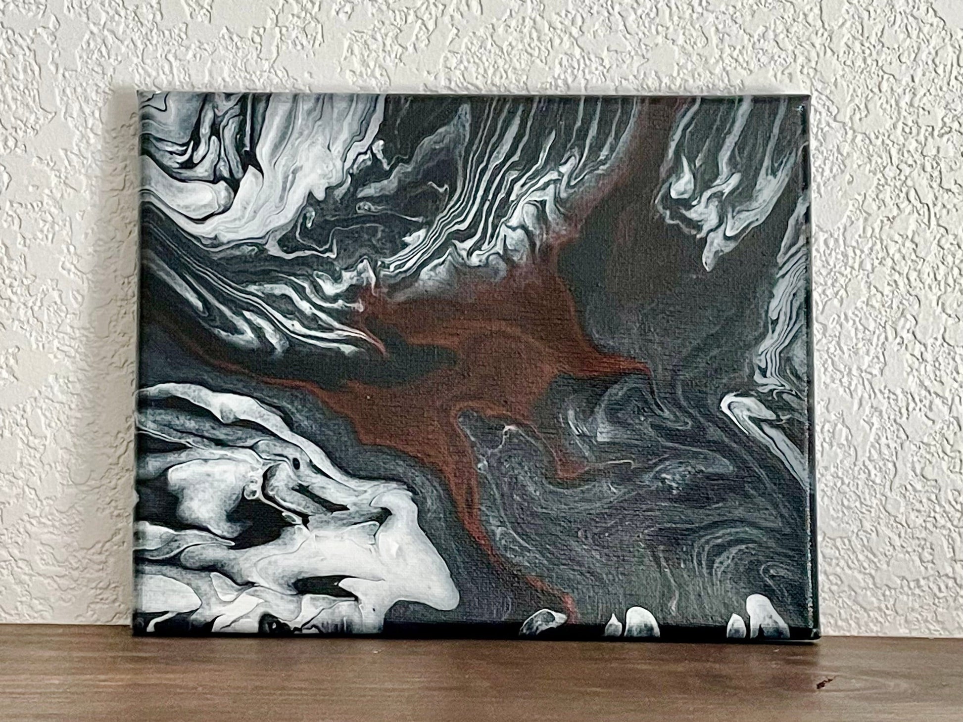 Fluid Art Painting, Original Acrylic Art Pour in Red and White on a Black Background on 8x10 inch Canvas