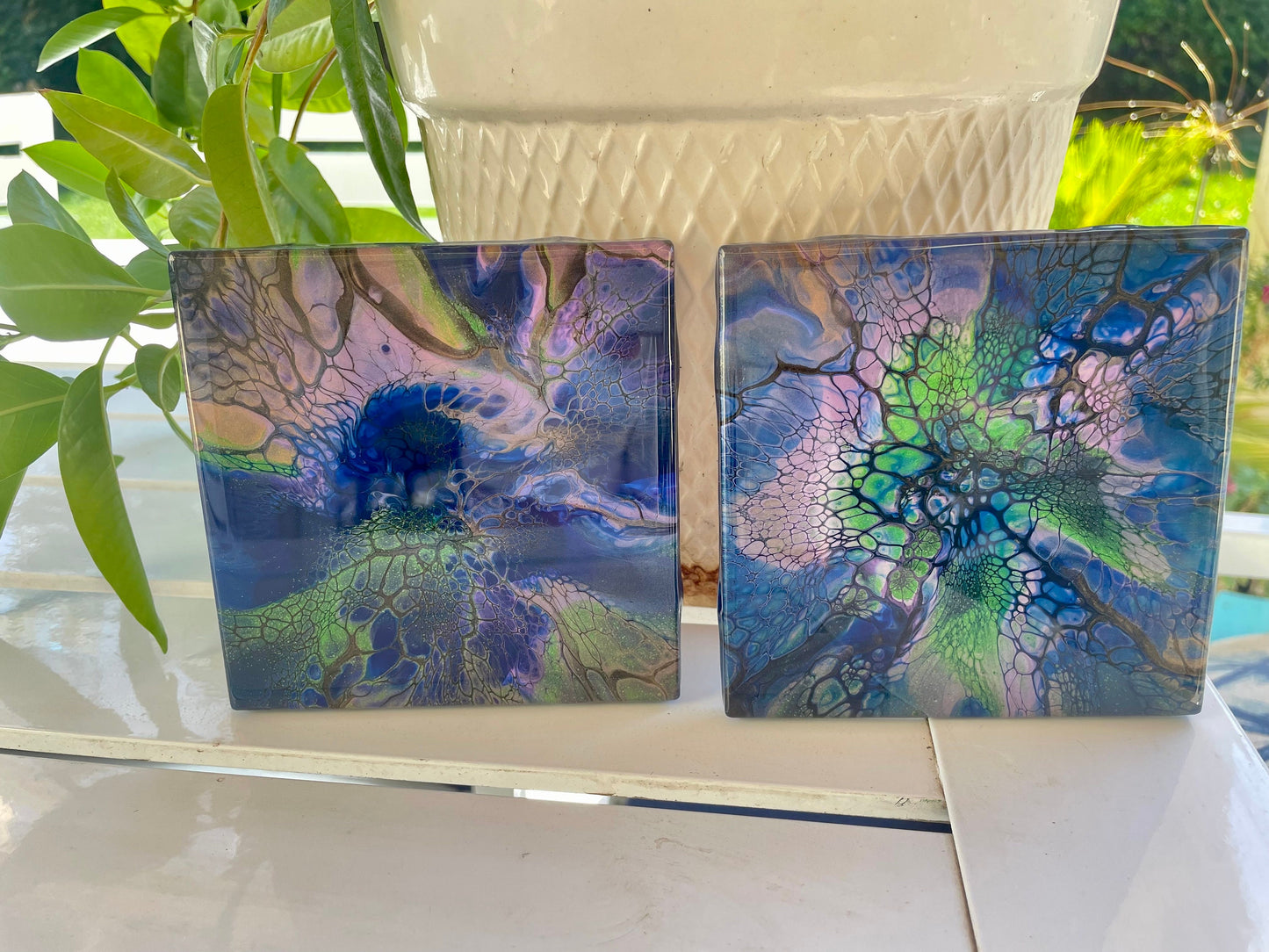 Set of 2 Ceramic Coasters, Hand Painted, Glossy and Heat Resistant