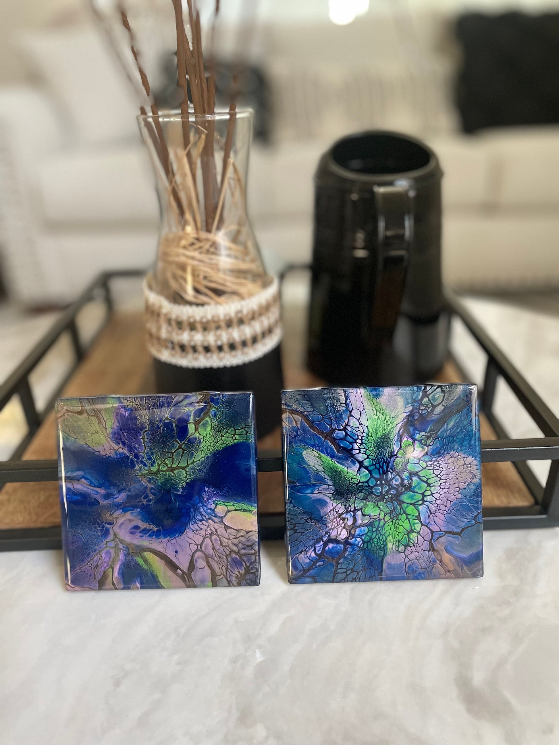 Set of 2 Ceramic Coasters, Hand Painted, Glossy and Heat Resistant