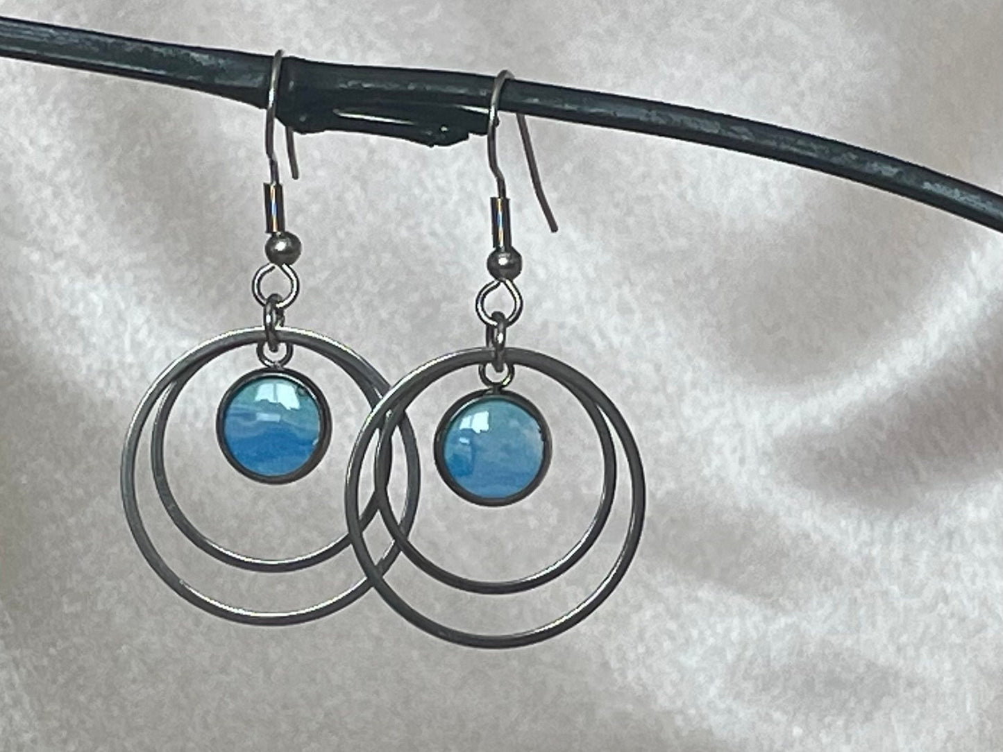 Blue Dangle Earrings Fluid Art Acrylic Pour Jewelry in Stainless Steel
