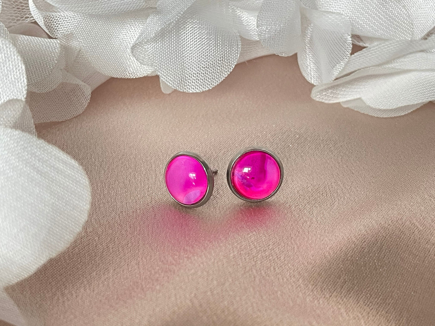 Hand Painted Stud Earrings in Pink Acrylic Art Pour Paint with Glass Cabochons
