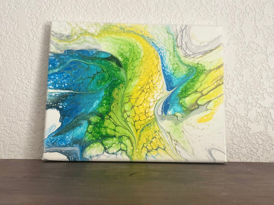 Original Abstract Acrylic Paint Pour Wall Art in Blue Green Yellow and White, Fluid Art Painting on 8x10 Inch Canvas