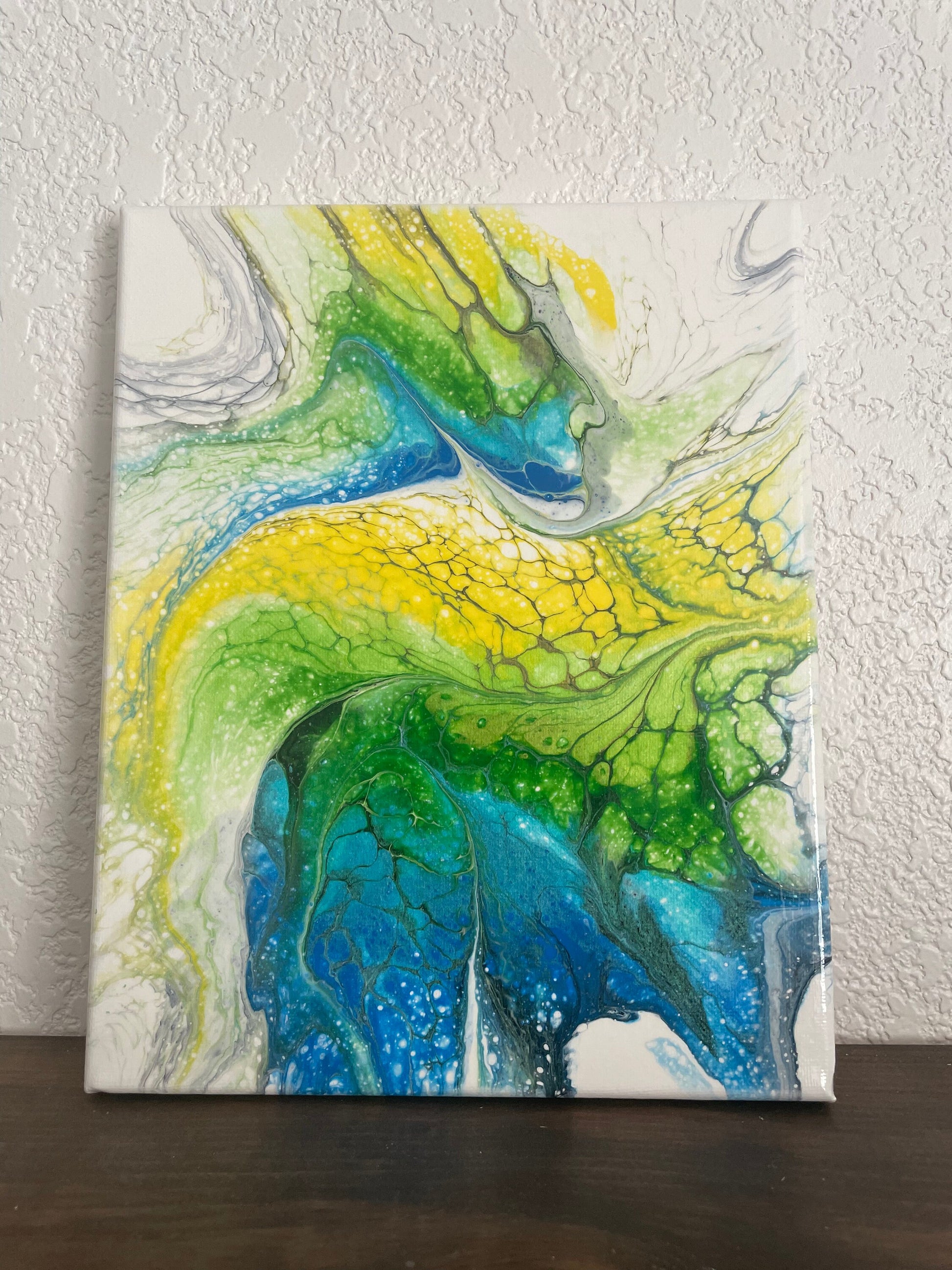 Original Abstract Acrylic Paint Pour Wall Art in Blue Green Yellow and White, Fluid Art Painting on 8x10 Inch Canvas