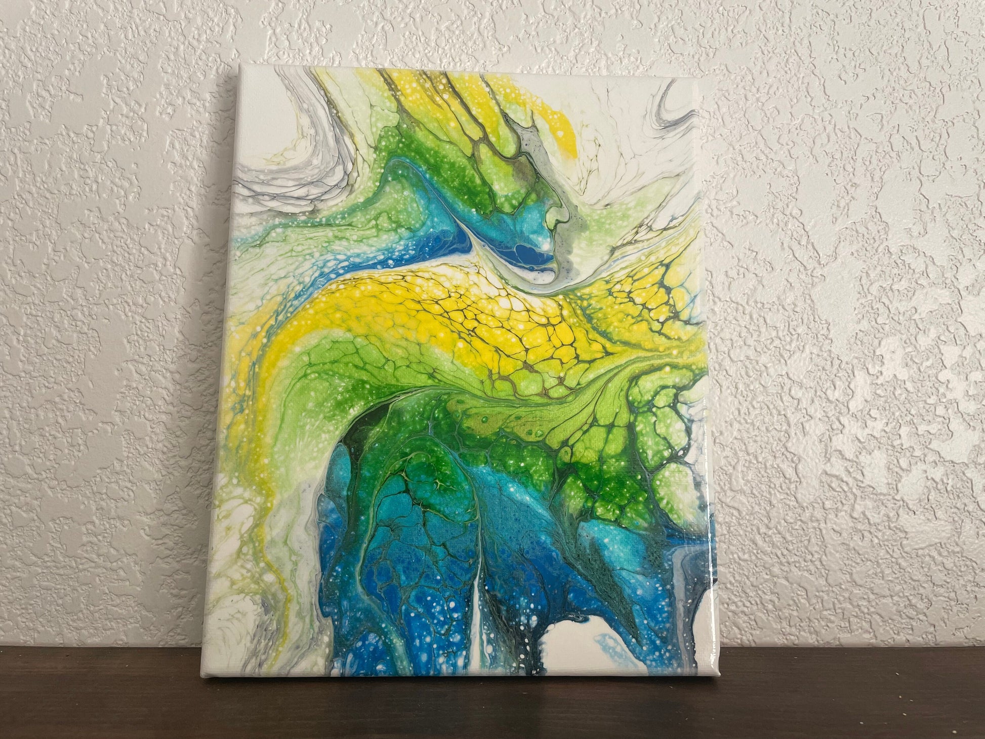 Original Abstract Acrylic Paint Pour Wall Art in Blue Green Yellow and White, Fluid Art Painting on 8x10 Inch Canvas