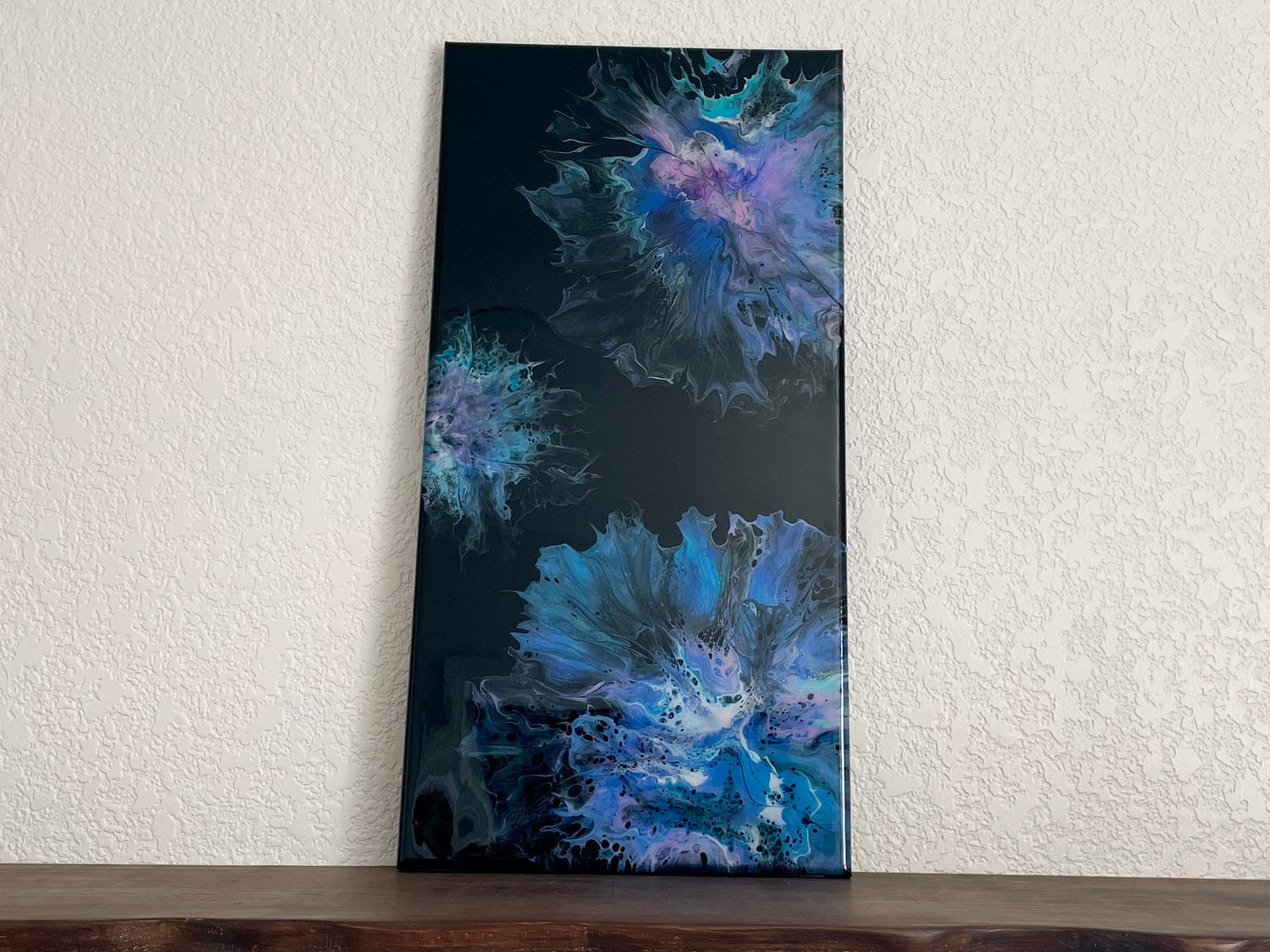 Original Abstract Floral Painting in Blue Purple and Pink on a Black Background, Dutch Paint Pour Wall Decor. Fluid Art Home Decor