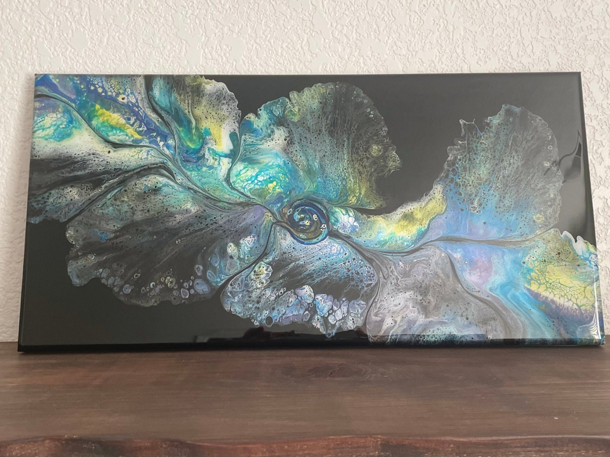Original Abstract Floral Dutch Pour Painting in Purple Green Blue Yellow and White on a Black Background, Fluid Art Home Decor and Wall Art