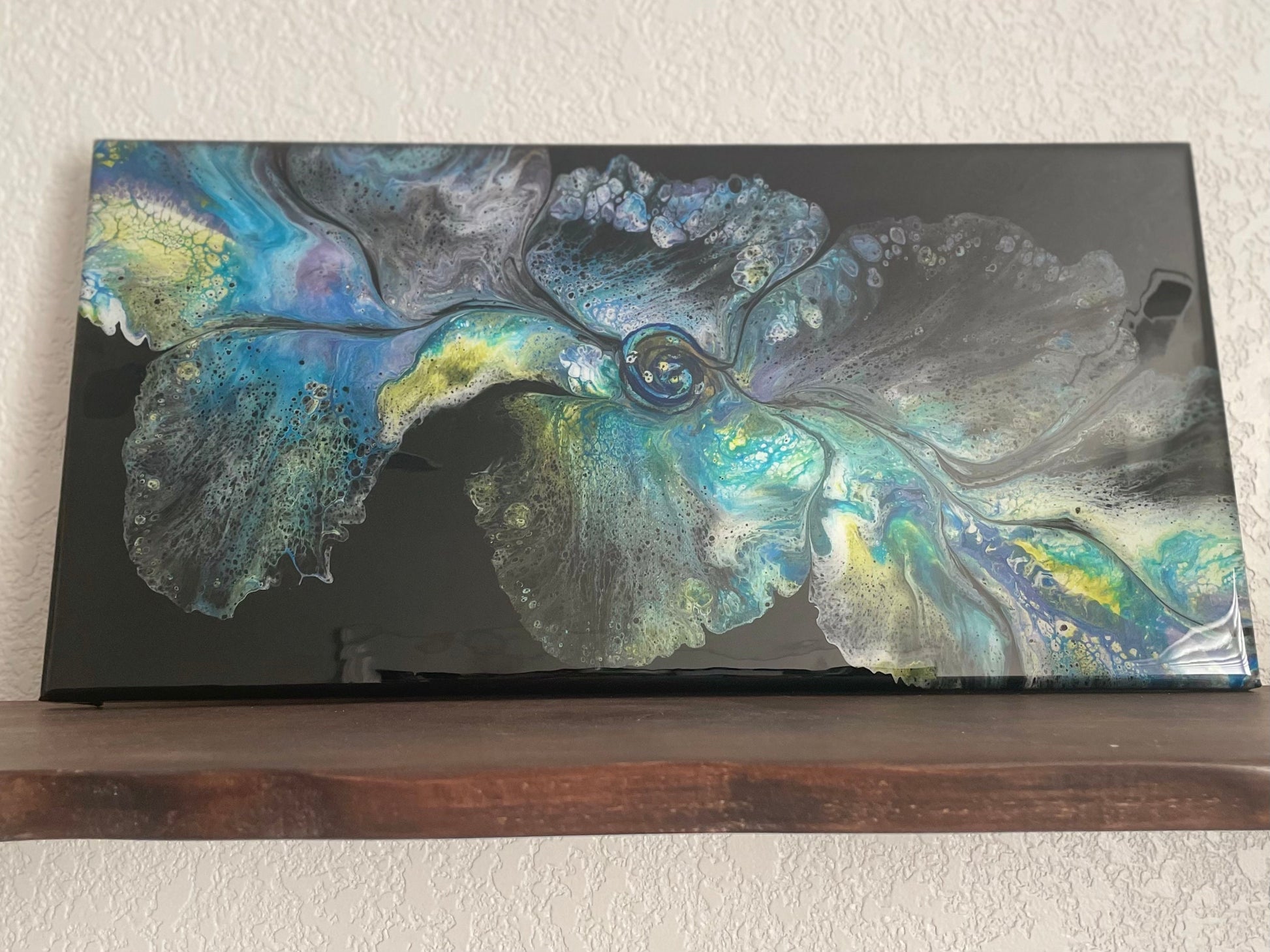 Original Abstract Floral Dutch Pour Painting in Purple Green Blue Yellow and White on a Black Background, Fluid Art Home Decor and Wall Art