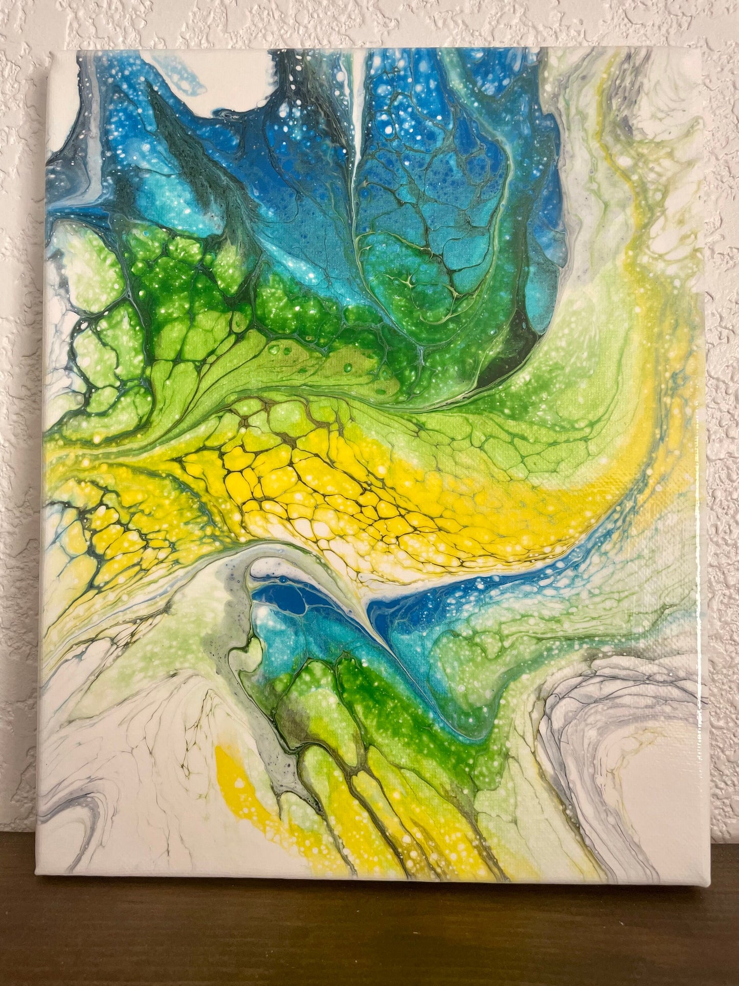 Original Abstract Acrylic Paint Pour Wall Art in Blue Green Yellow and White, Fluid Art Painting on 8x10 Inch Canvas