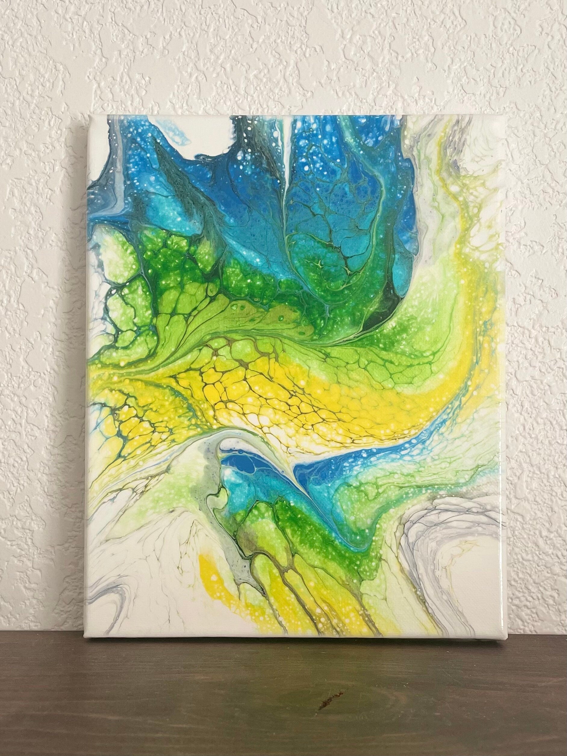 Original Abstract Acrylic Paint Pour Wall Art in Blue Green Yellow and White, Fluid Art Painting on 8x10 Inch Canvas