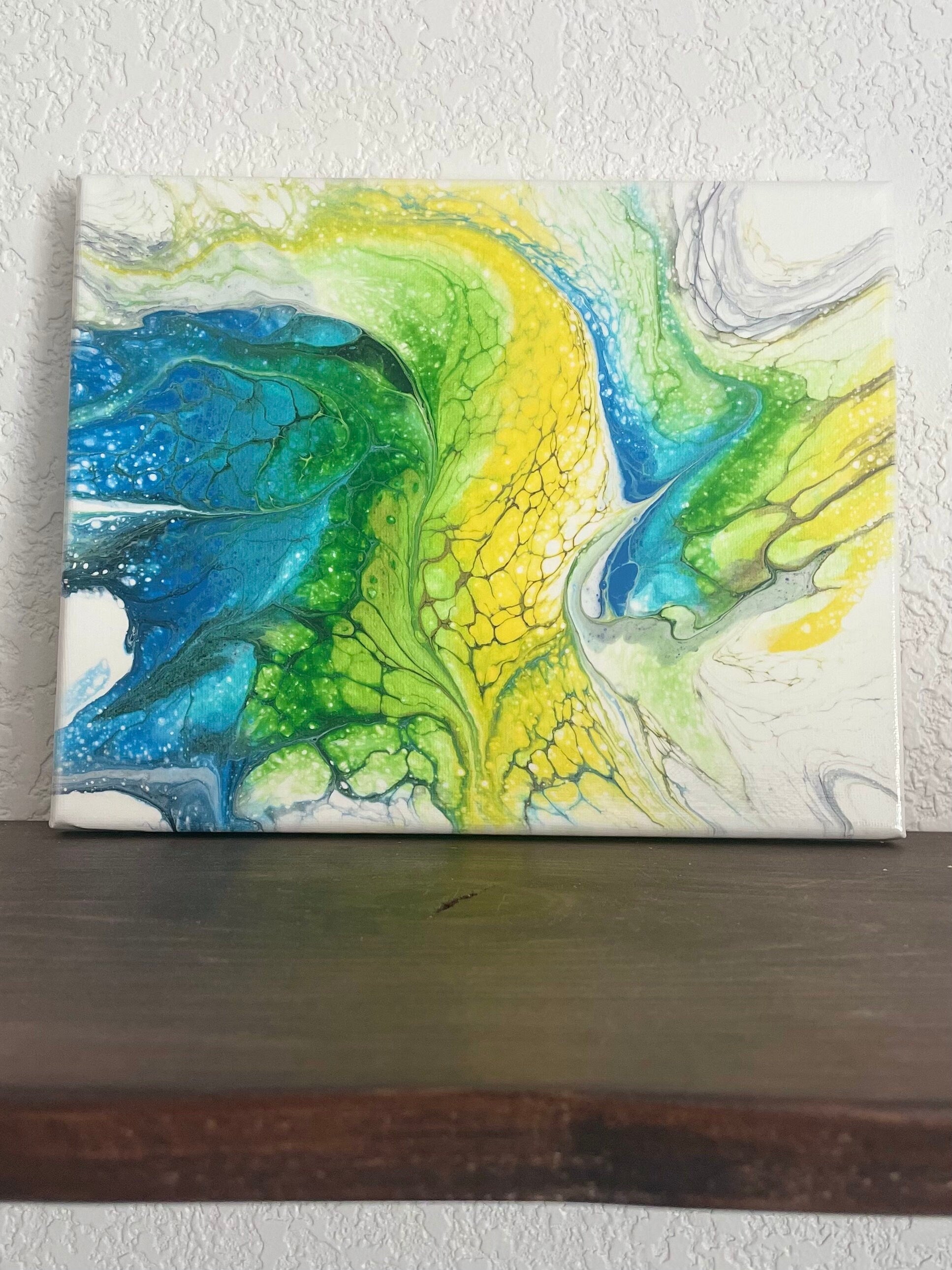 Original Abstract Acrylic Paint Pour Wall Art in Blue Green Yellow and White, Fluid Art Painting on 8x10 Inch Canvas