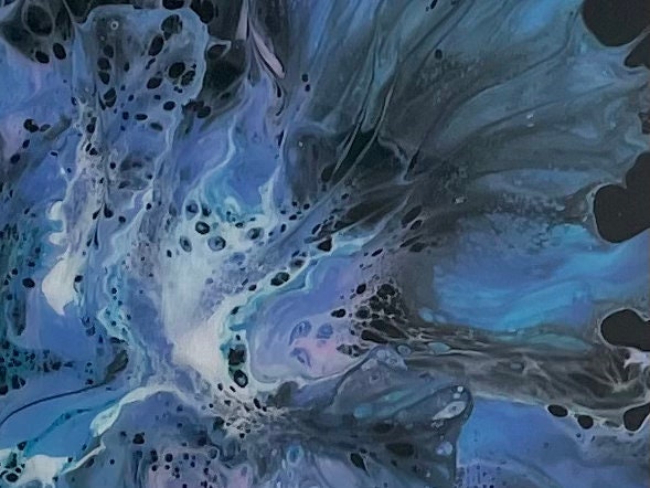 Original Abstract Floral Painting in Blue Purple and Pink on a Black Background, Dutch Paint Pour Wall Decor. Fluid Art Home Decor