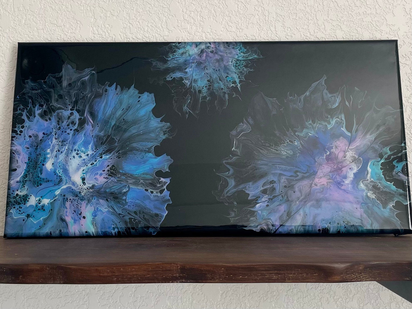 Original Abstract Floral Painting in Blue Purple and Pink on a Black Background, Dutch Paint Pour Wall Decor. Fluid Art Home Decor