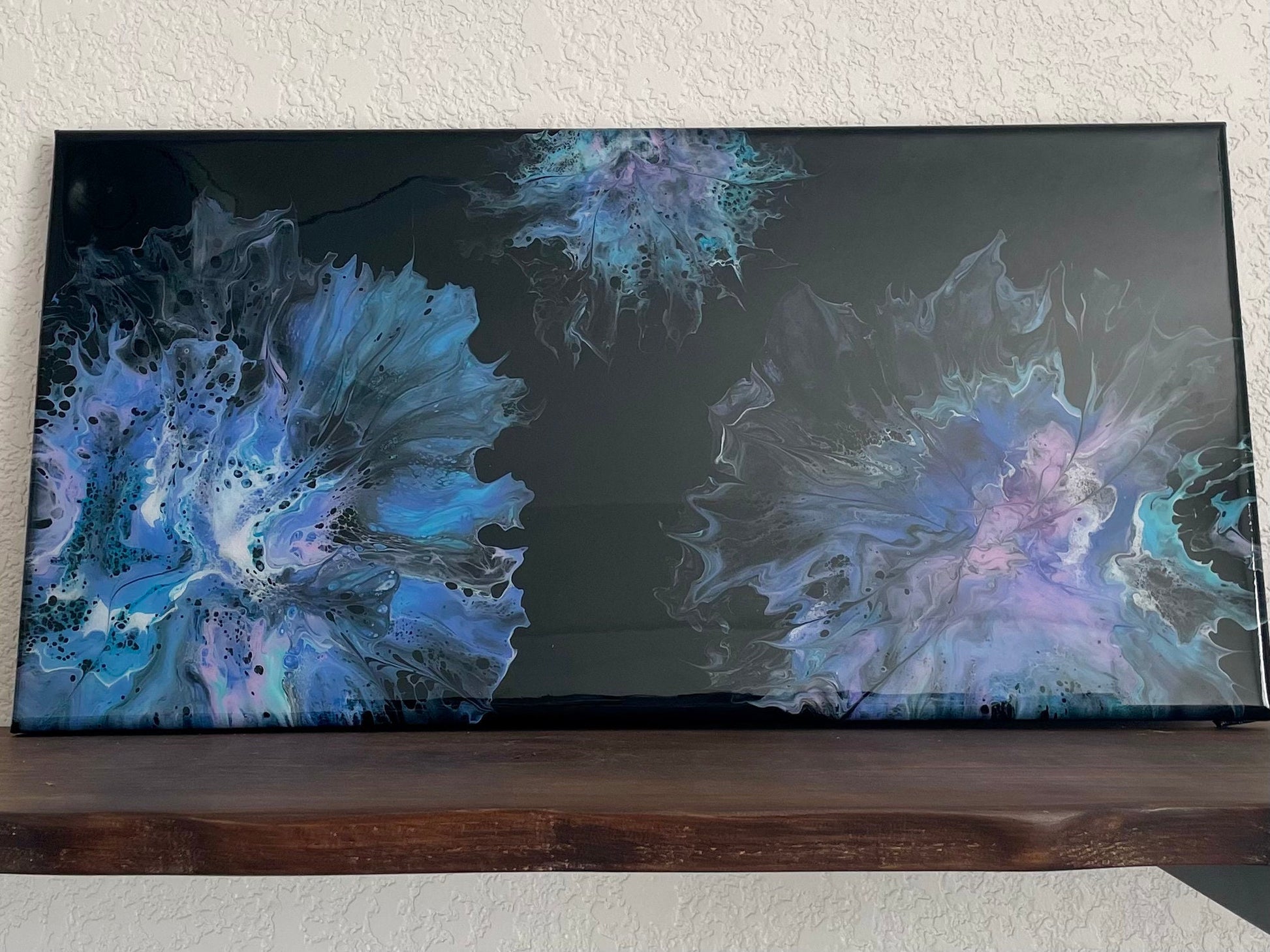 Original Abstract Floral Painting in Blue Purple and Pink on a Black Background, Dutch Paint Pour Wall Decor. Fluid Art Home Decor