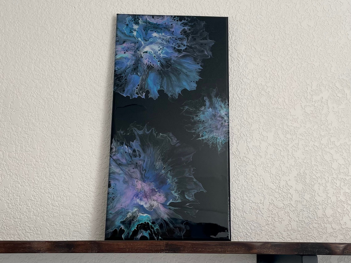Original Abstract Floral Painting in Blue Purple and Pink on a Black Background, Dutch Paint Pour Wall Decor. Fluid Art Home Decor
