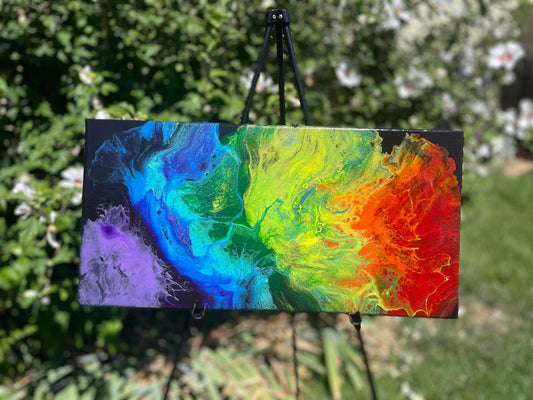 Unique Rainbow Fluid Art Painting on a Black Background, Shimmers and Shines with Metallic and Iridescent Paints, Acrylic Pour Wall Decor