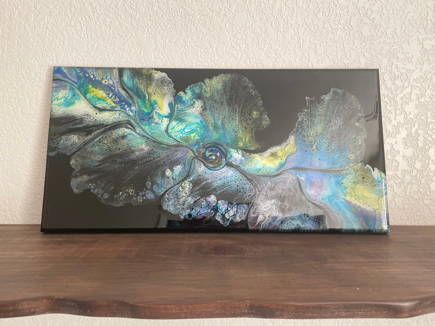 Original Abstract Floral Dutch Pour Painting in Purple Green Blue Yellow and White on a Black Background, Fluid Art Home Decor and Wall Art