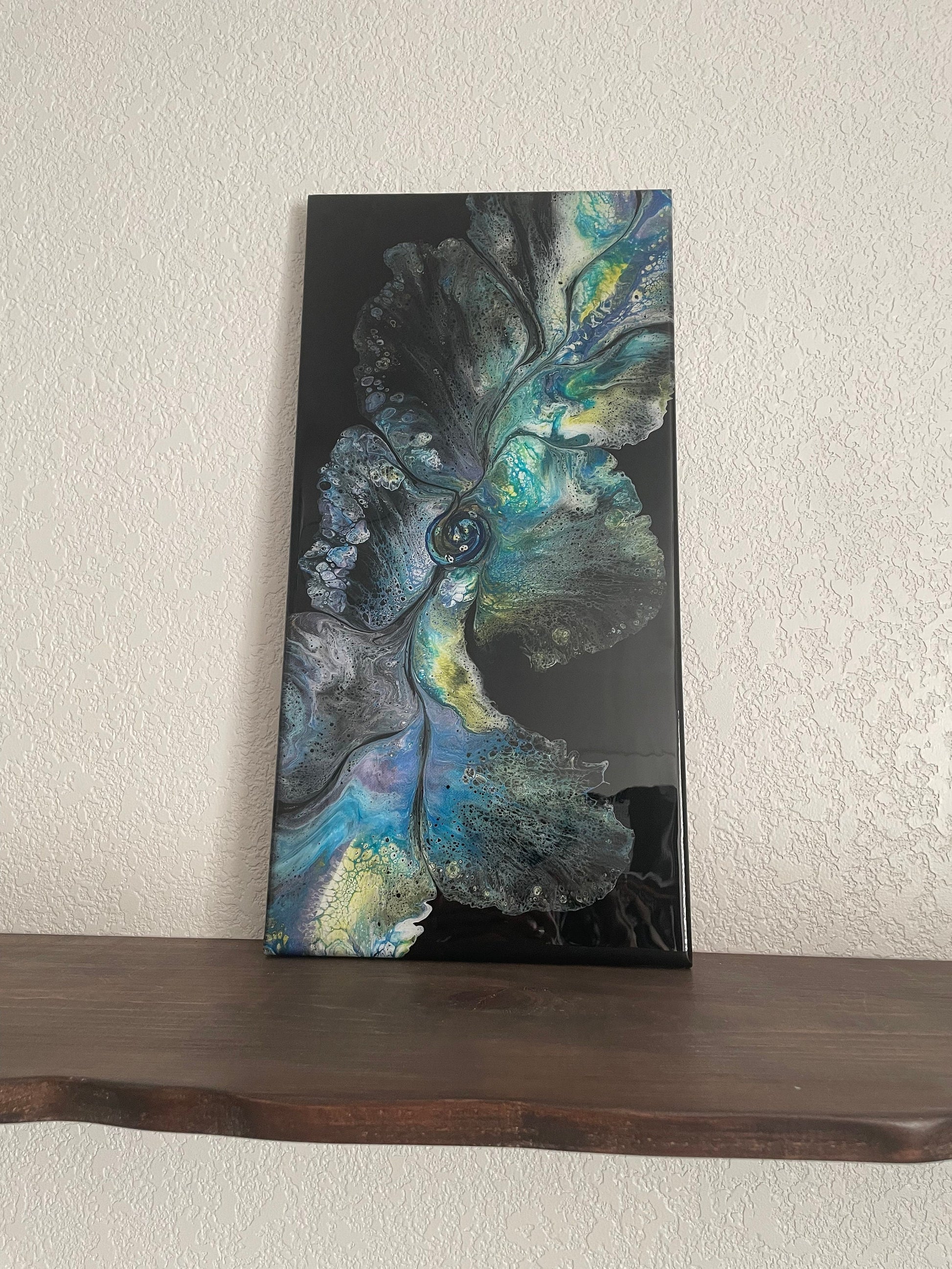 Original Abstract Floral Dutch Pour Painting in Purple Green Blue Yellow and White on a Black Background, Fluid Art Home Decor and Wall Art
