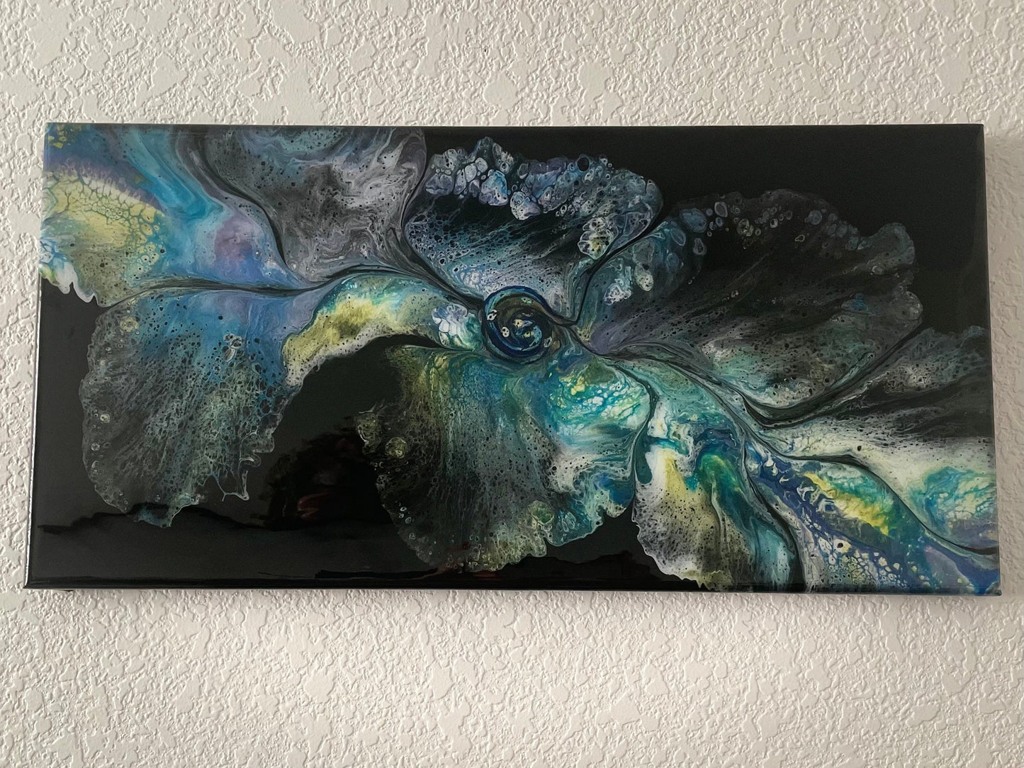 Original Abstract Floral Dutch Pour Painting in Purple Green Blue Yellow and White on a Black Background, Fluid Art Home Decor and Wall Art