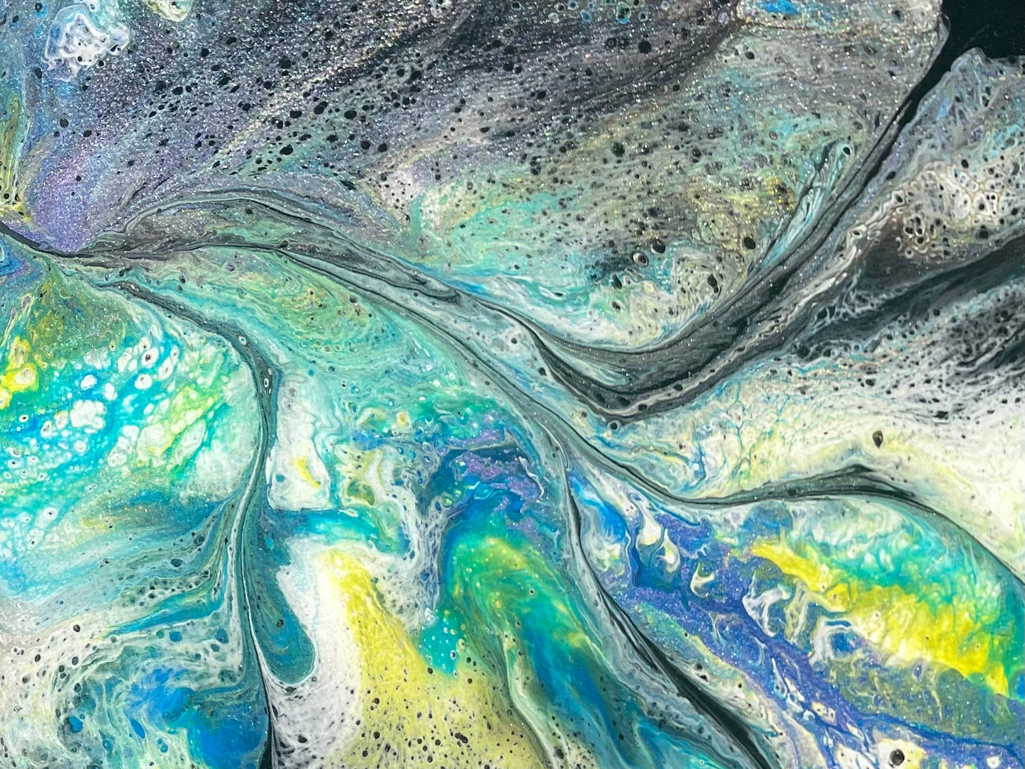 Original Abstract Floral Dutch Pour Painting in Purple Green Blue Yellow and White on a Black Background, Fluid Art Home Decor and Wall Art