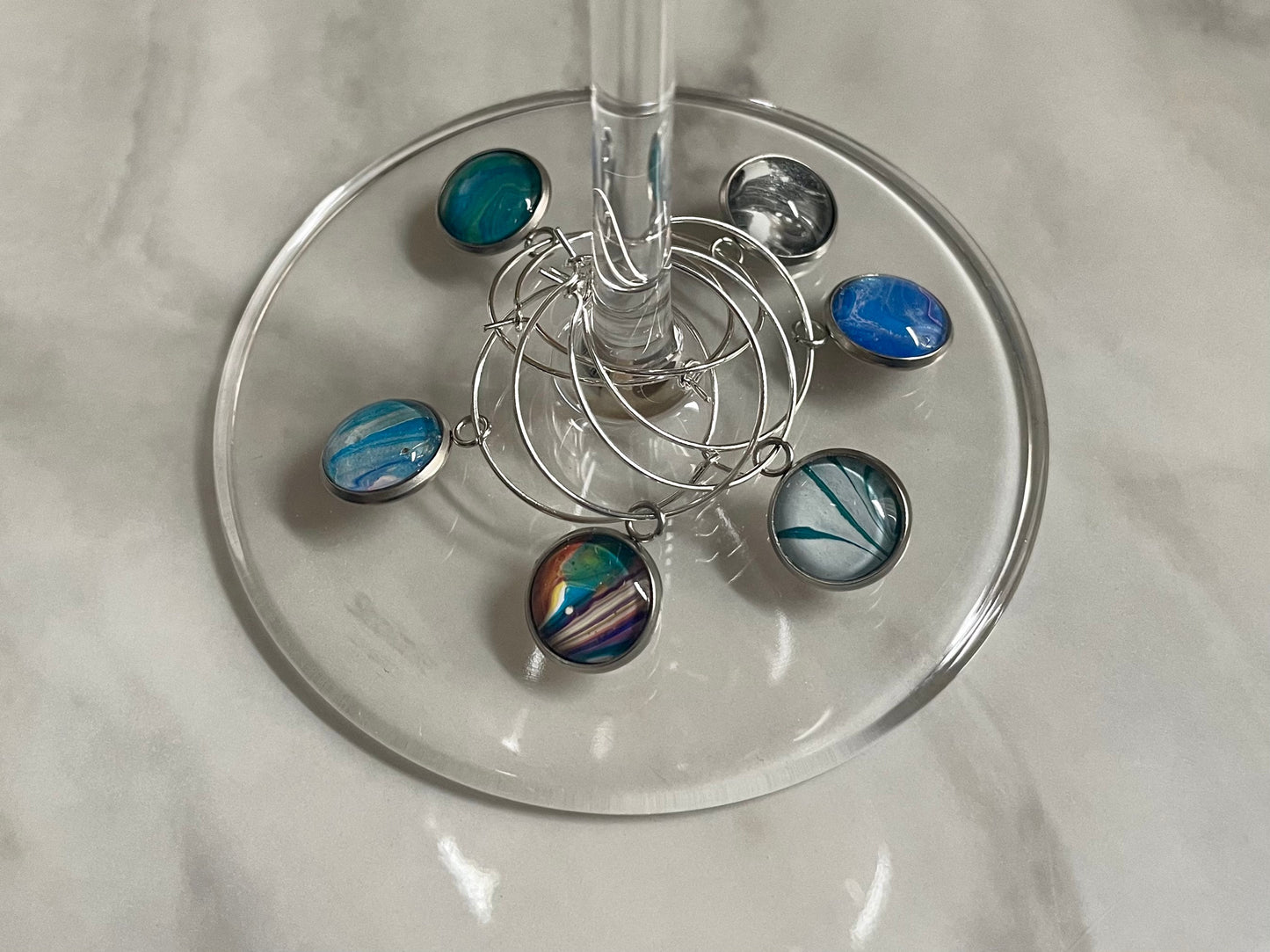 Fluid Art Pour Wine Glass Charms, Set of 6, all Unique in Various Colors to Make Your Glass Stand Out