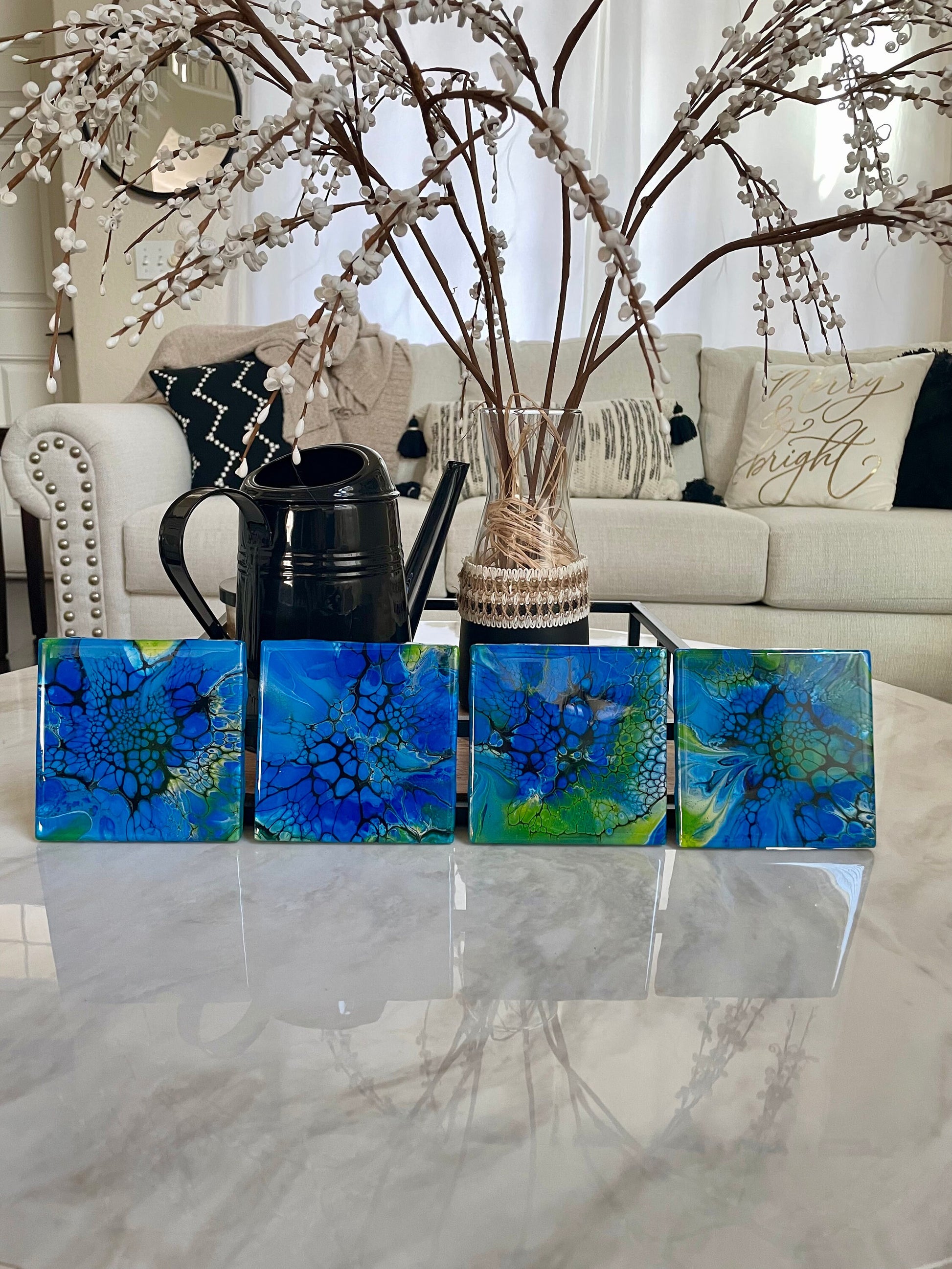 Glossy Ceramic Drink Coasters Acrylic Pour Set of 4 Green and Blue Heat Resistant