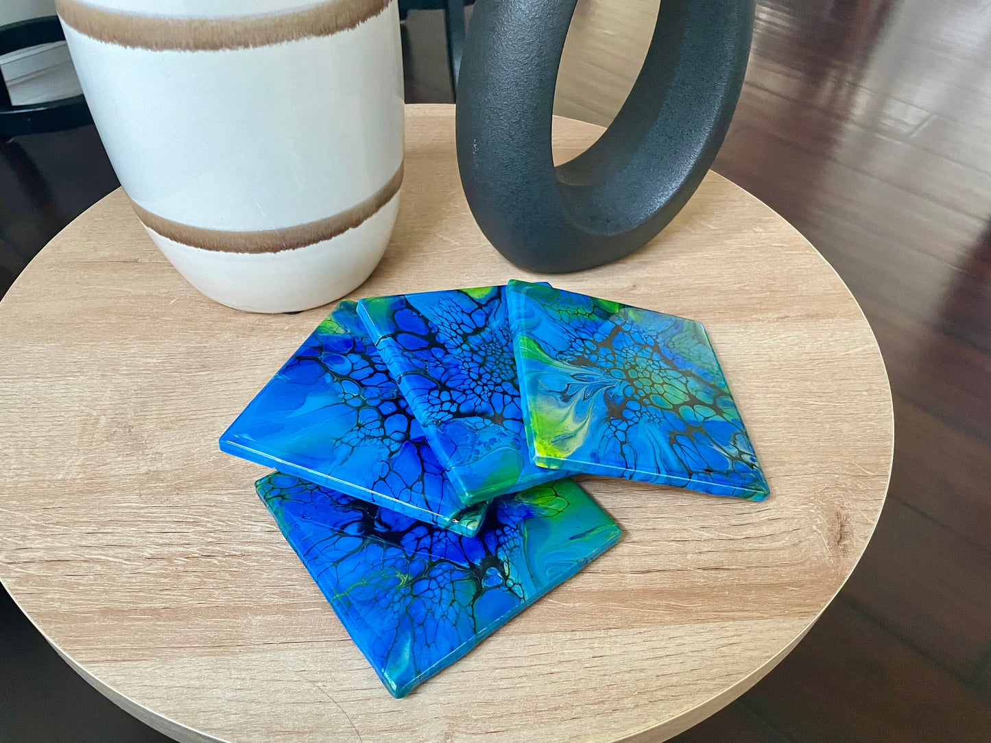 Glossy Ceramic Drink Coasters Acrylic Pour Set of 4 Green and Blue Heat Resistant