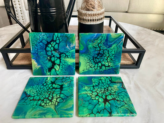 Glossy Ceramic Drink Coasters, Set of 4 Green and Blue Fluid Art, Heat Resistant